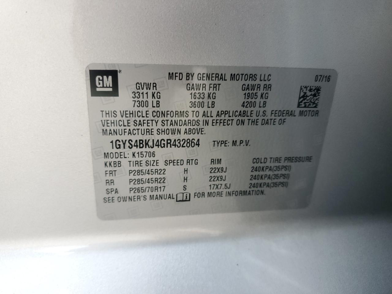 2016 Cadillac Escalade Luxury VIN: 1GYS4BKJ4GR432864 Lot: 59026725
