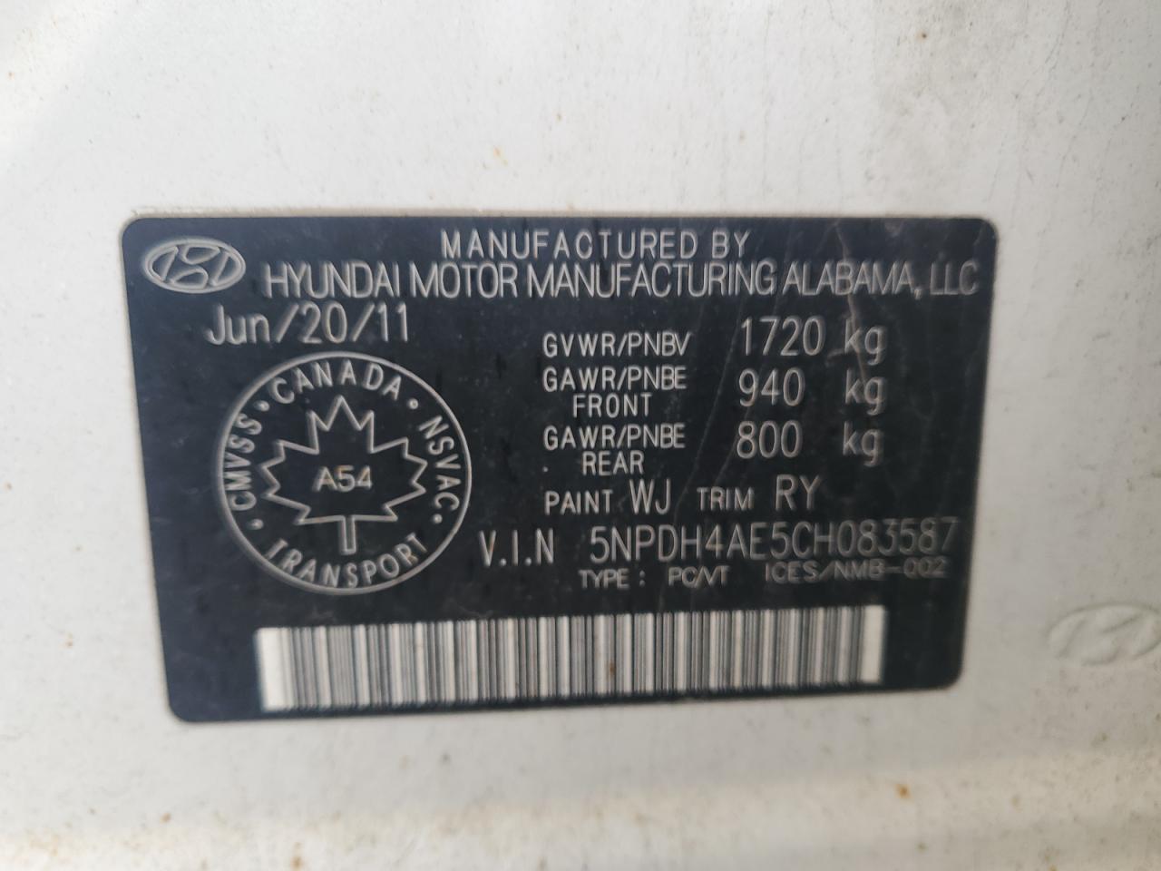 2012 Hyundai Elantra Gls VIN: 5NPDH4AE5CH083587 Lot: 58247935