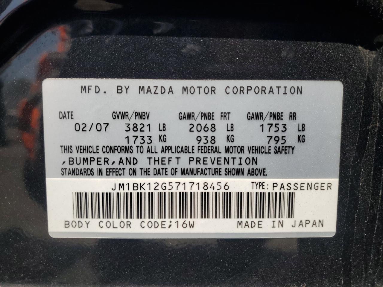 2007 Mazda 3 I VIN: JM1BK12G571718456 Lot: 55606705