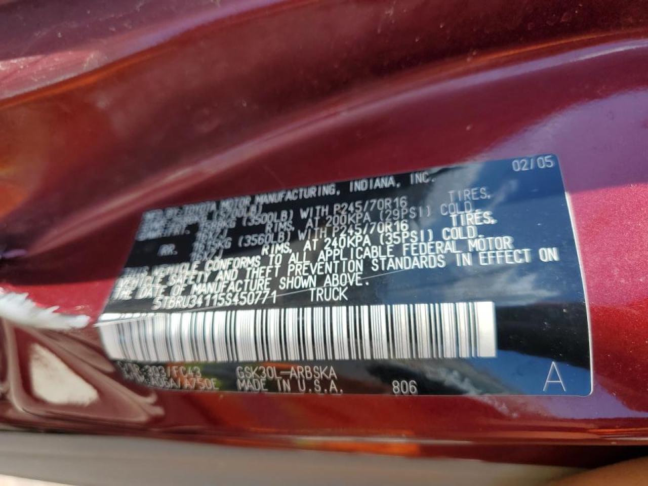 2005 Toyota Tundra Access Cab Sr5 VIN: 5TBRU34115S450771 Lot: 55601925