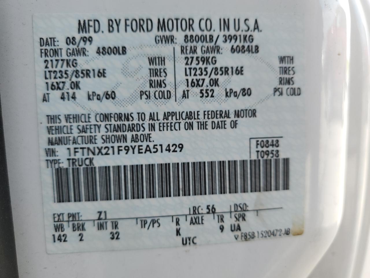 2000 Ford F250 Super Duty VIN: 1FTNX21F9YEA51429 Lot: 57725645