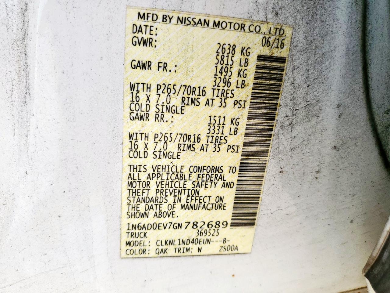 2016 Nissan Frontier S VIN: 1N6AD0EV7GN782689 Lot: 56687935