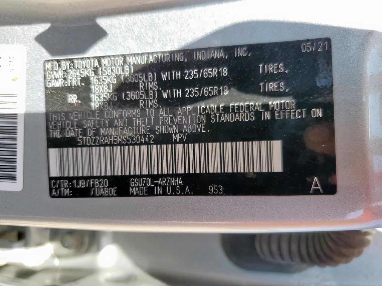 5TDZZRAH5MS530442 TOYOTA HIGHLANDER 2021