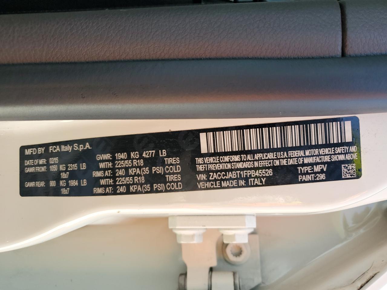 2015 Jeep Renegade Latitude VIN: ZACCJABT1FPB45526 Lot: 57231575