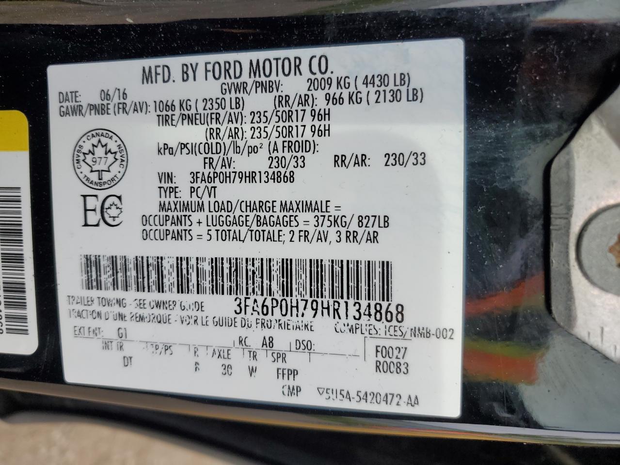 3FA6P0H79HR134868 FORD FUSION 2017