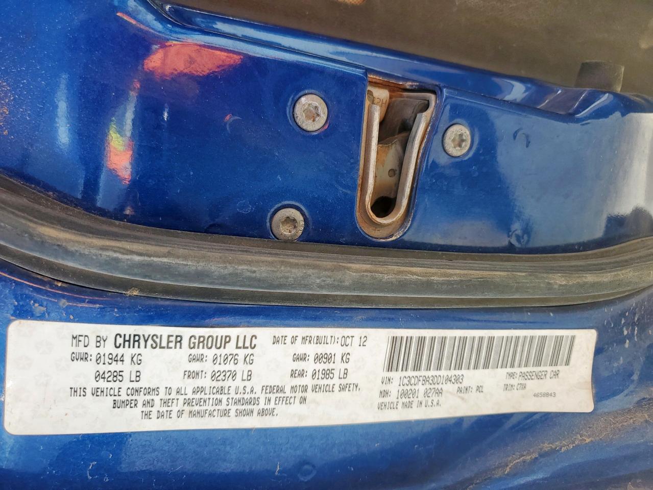 2013 Dodge Dart Sxt VIN: 1C3CDFBA3DD104303 Lot: 57637895