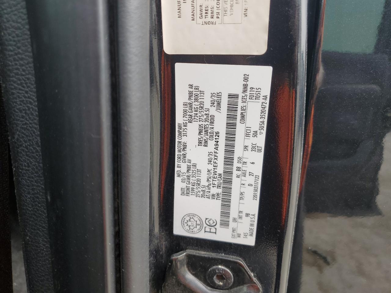 2015 Ford F150 Supercrew VIN: 1FTEW1EFXFFA94126 Lot: 59080785