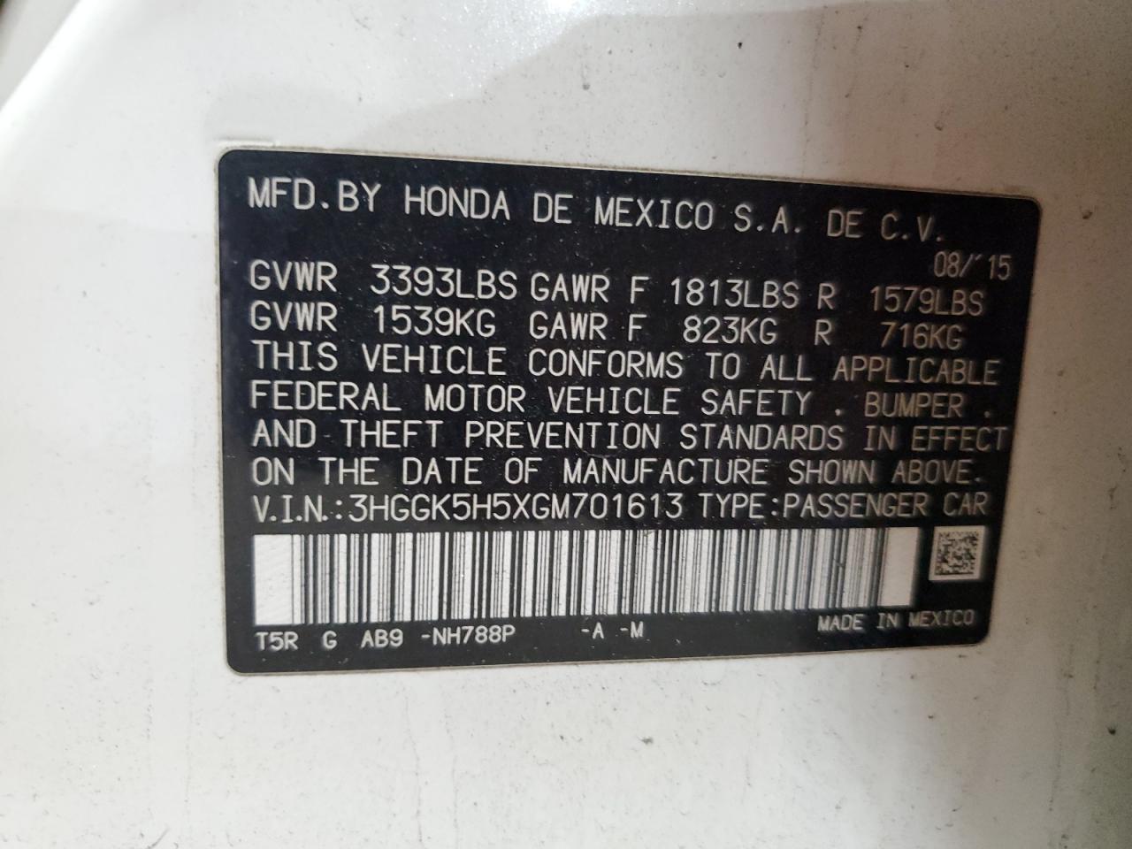 3HGGK5H5XGM701613 HONDA FIT 2016