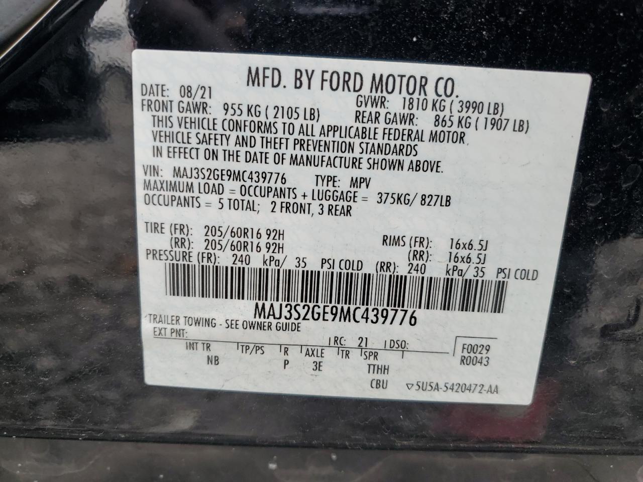 MAJ3S2GE9MC439776 FORD ECOSPORT 2021