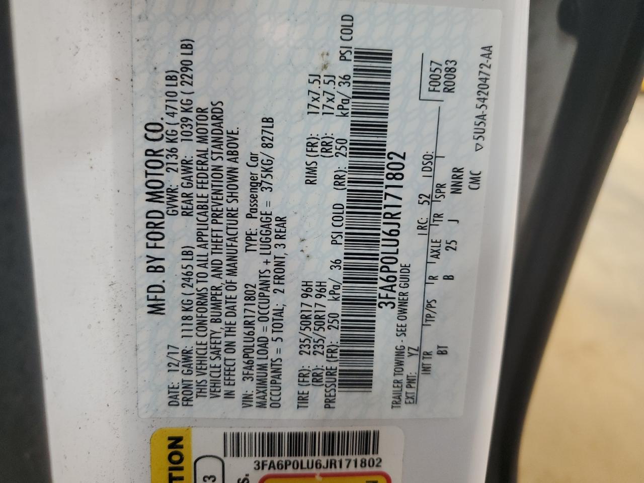 2018 Ford Fusion Se Hybrid VIN: 3FA6P0LU6JR171802 Lot: 54043245