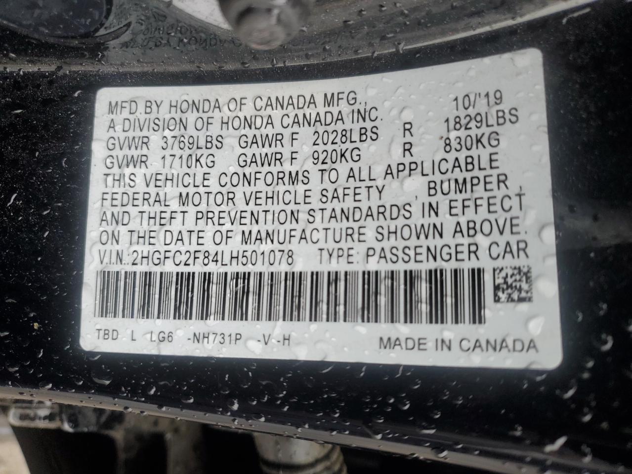 2HGFC2F84LH501078 HONDA CIVIC 2020