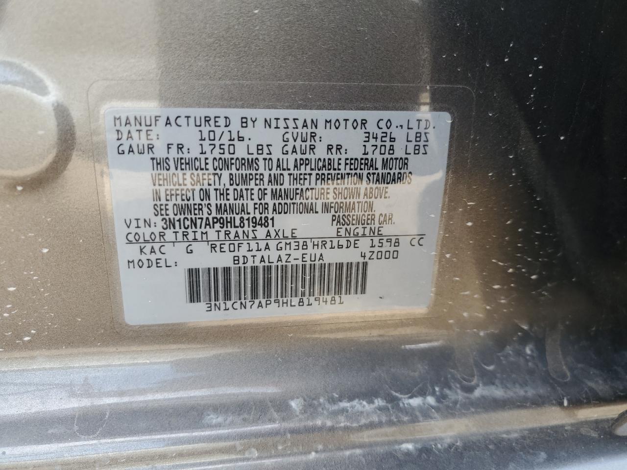 3N1CN7AP9HL819481 NISSAN VERSA 2017