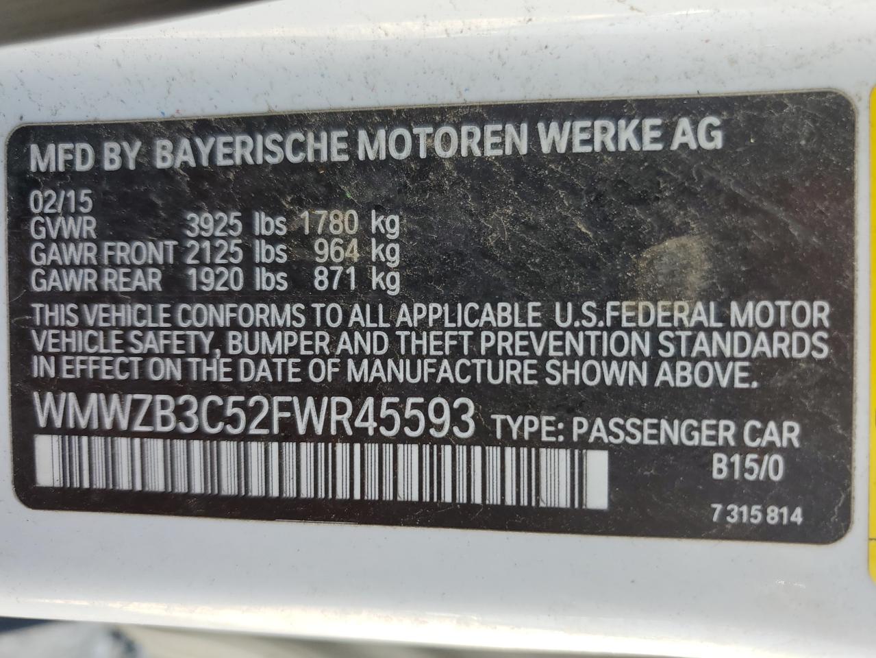 2015 Mini Cooper Countryman VIN: WMWZB3C52FWR45593 Lot: 57125065