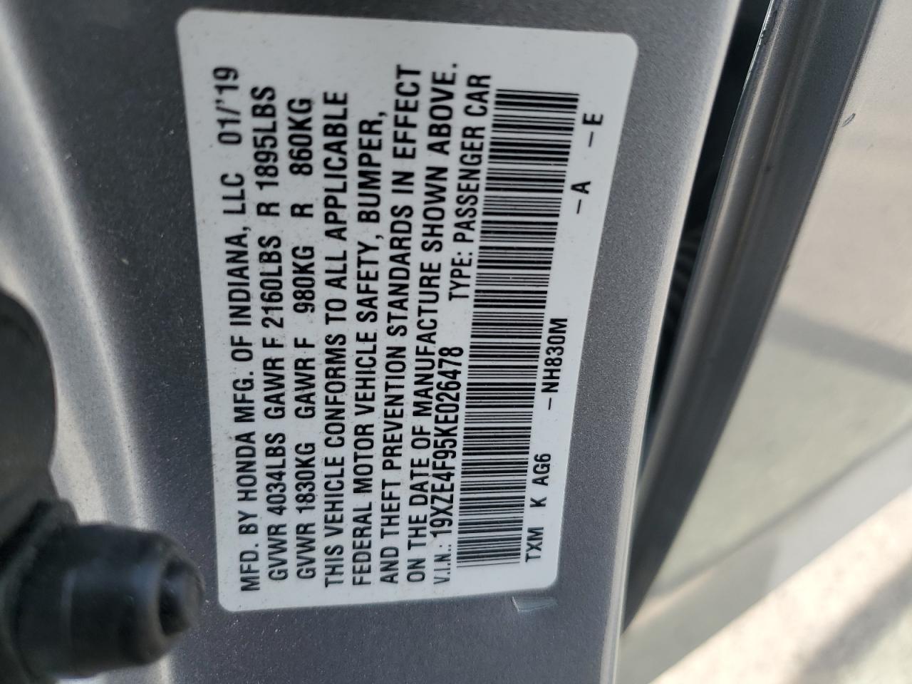 2019 Honda Insight Touring VIN: 19XZE4F95KE026478 Lot: 56022485