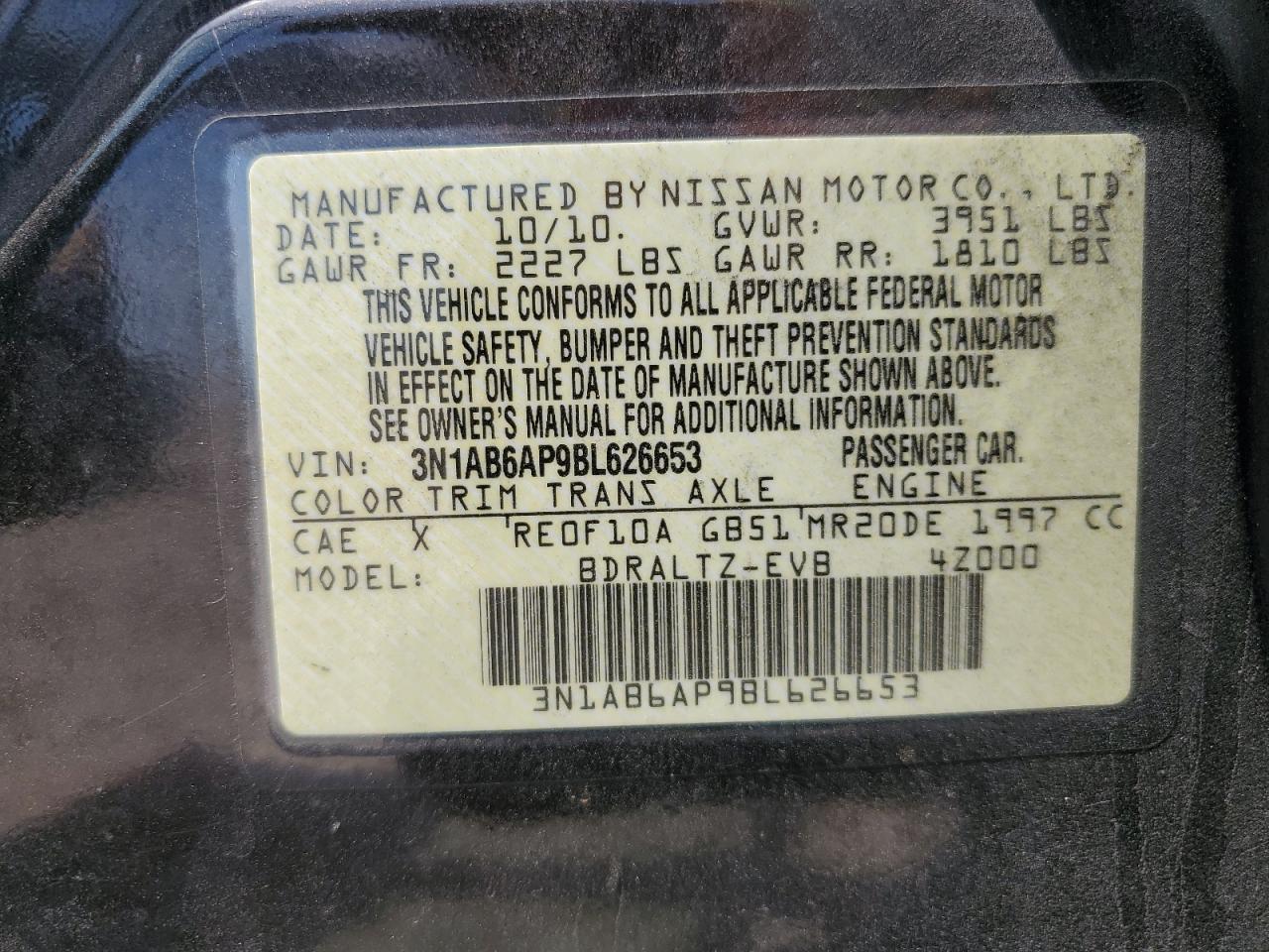 2011 Nissan Sentra 2.0 VIN: 3N1AB6AP9BL626653 Lot: 56788465