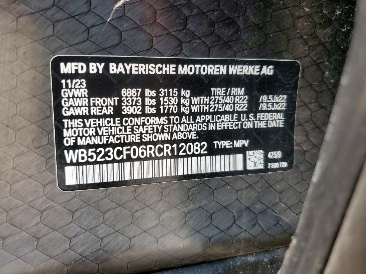 2024 BMW Ix xDrive50 VIN: WB523CF06RCR12082 Lot: 57845995