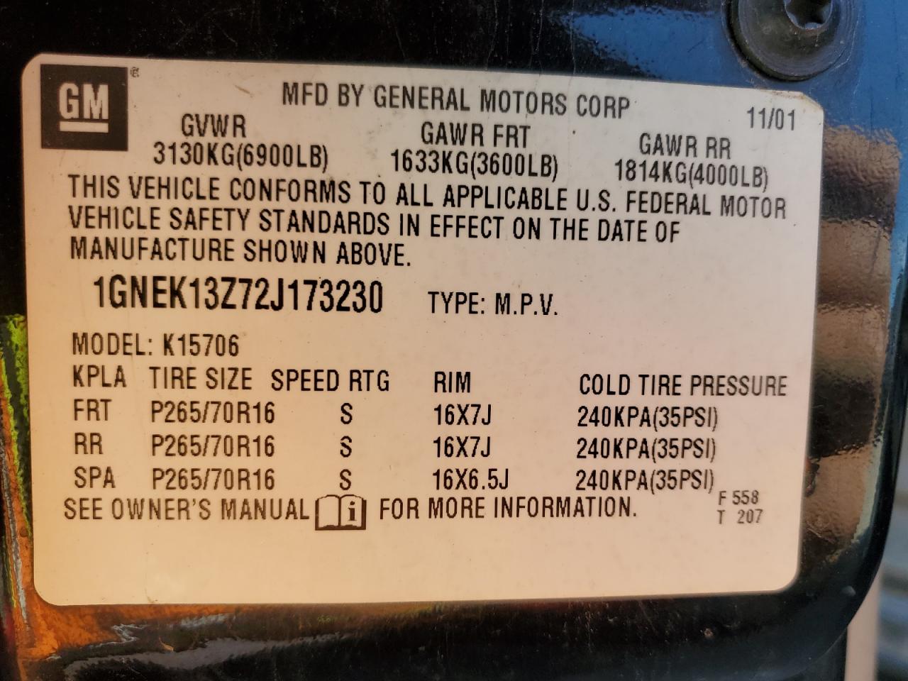 2002 Chevrolet Tahoe K1500 VIN: 1GNEK13Z72J173230 Lot: 56942215