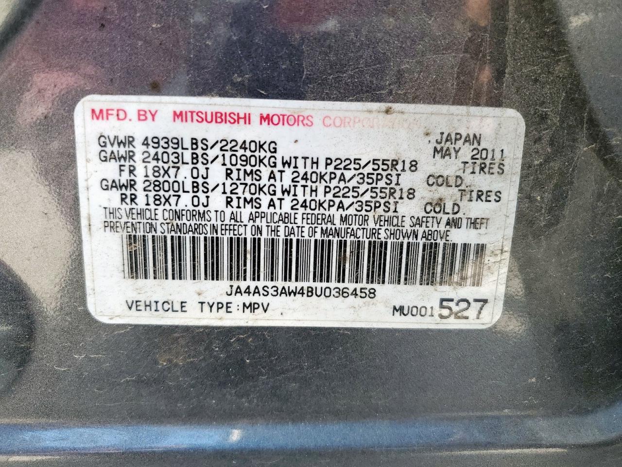 2011 Mitsubishi Outlander Se VIN: JA4AS3AW4BU036458 Lot: 56501535