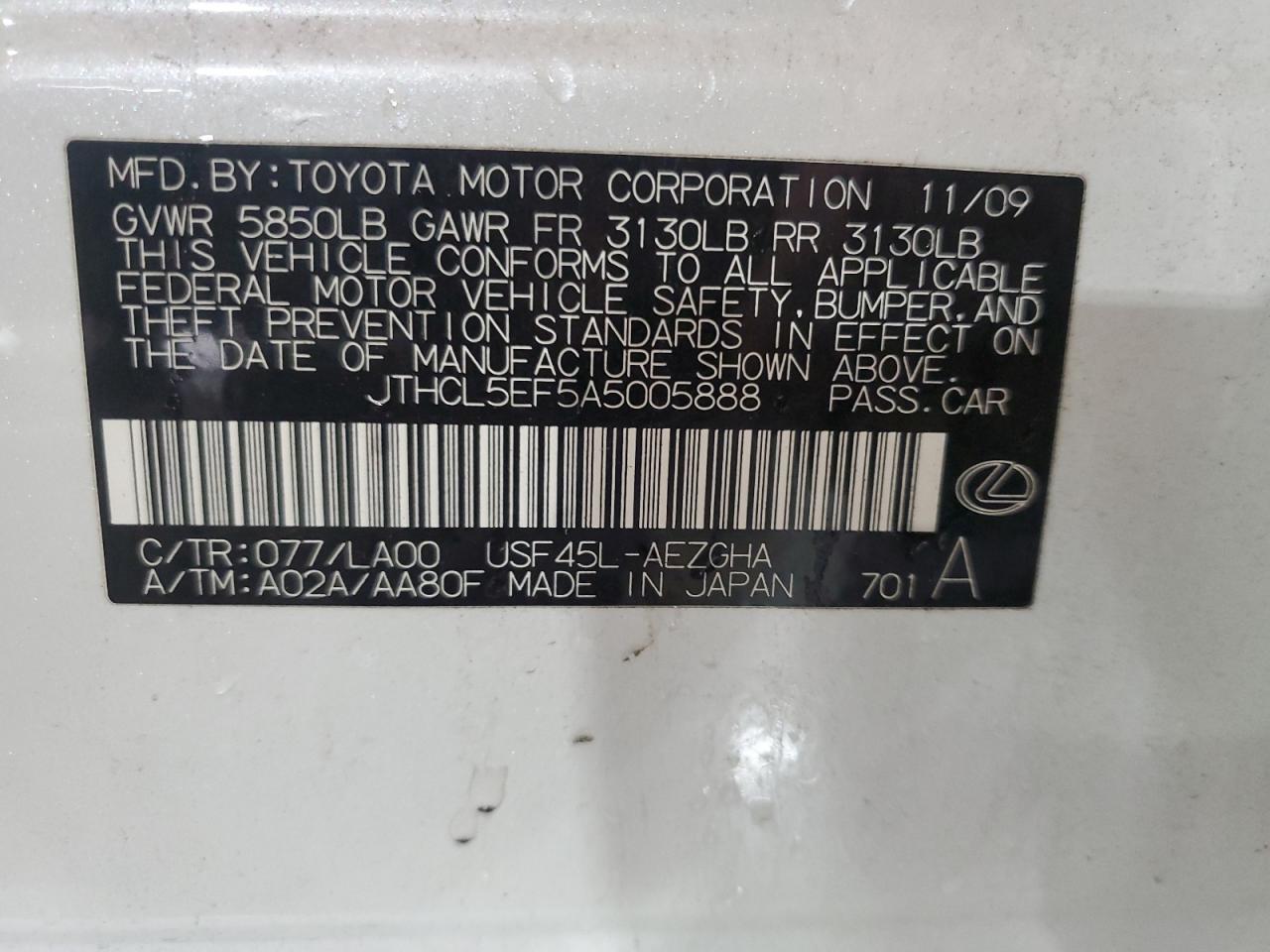 2010 Lexus Ls 460 VIN: JTHCL5EF5A5005888 Lot: 59171335