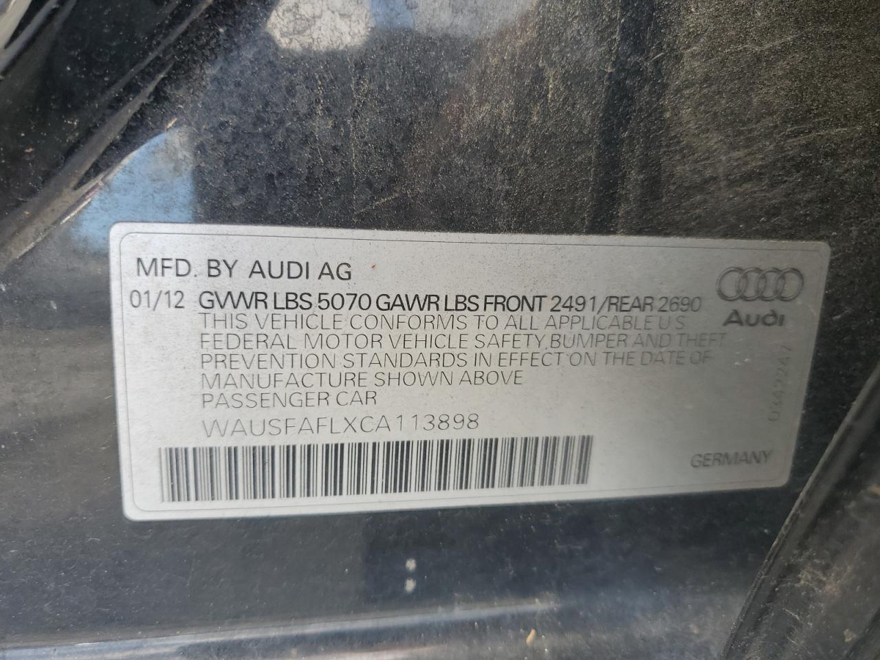 2012 Audi A4 Premium VIN: WAUSFAFLXCA113898 Lot: 56953345