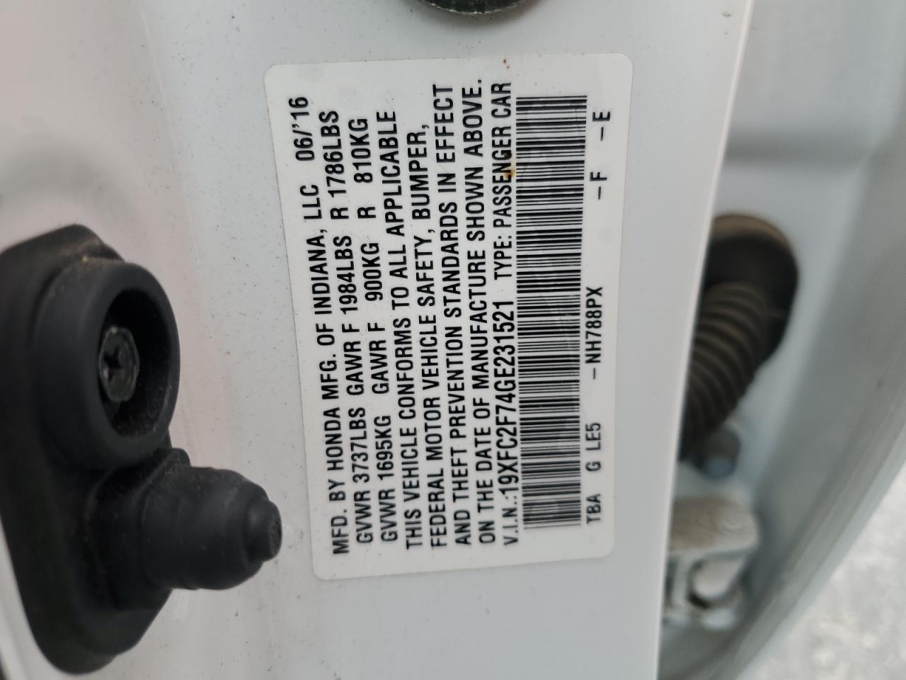 19XFC2F74GE231521 HONDA CIVIC 2016