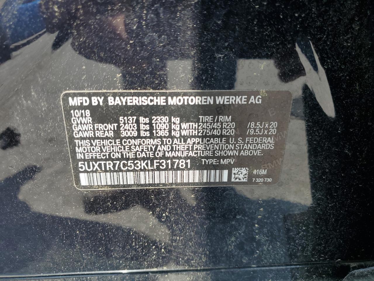 2019 BMW X3 Sdrive30I VIN: 5UXTR7C53KLF31781 Lot: 56926935