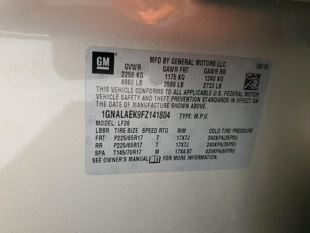 2015 Chevrolet Equinox Ls VIN: 1GNALAEK9FZ141804 Lot: 56880505