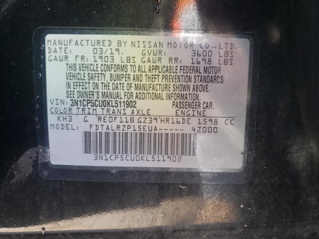 3N1CP5CU0KL511902 NISSAN KICKS 2019