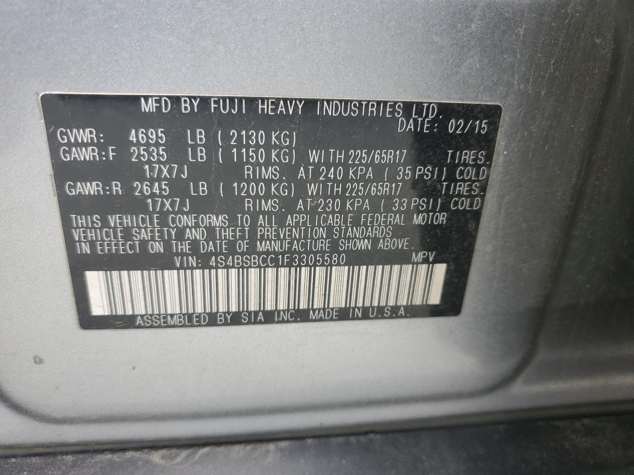 2015 Subaru Outback 2.5I Premium VIN: 4S4BSBCC1F3305580 Lot: 57201865