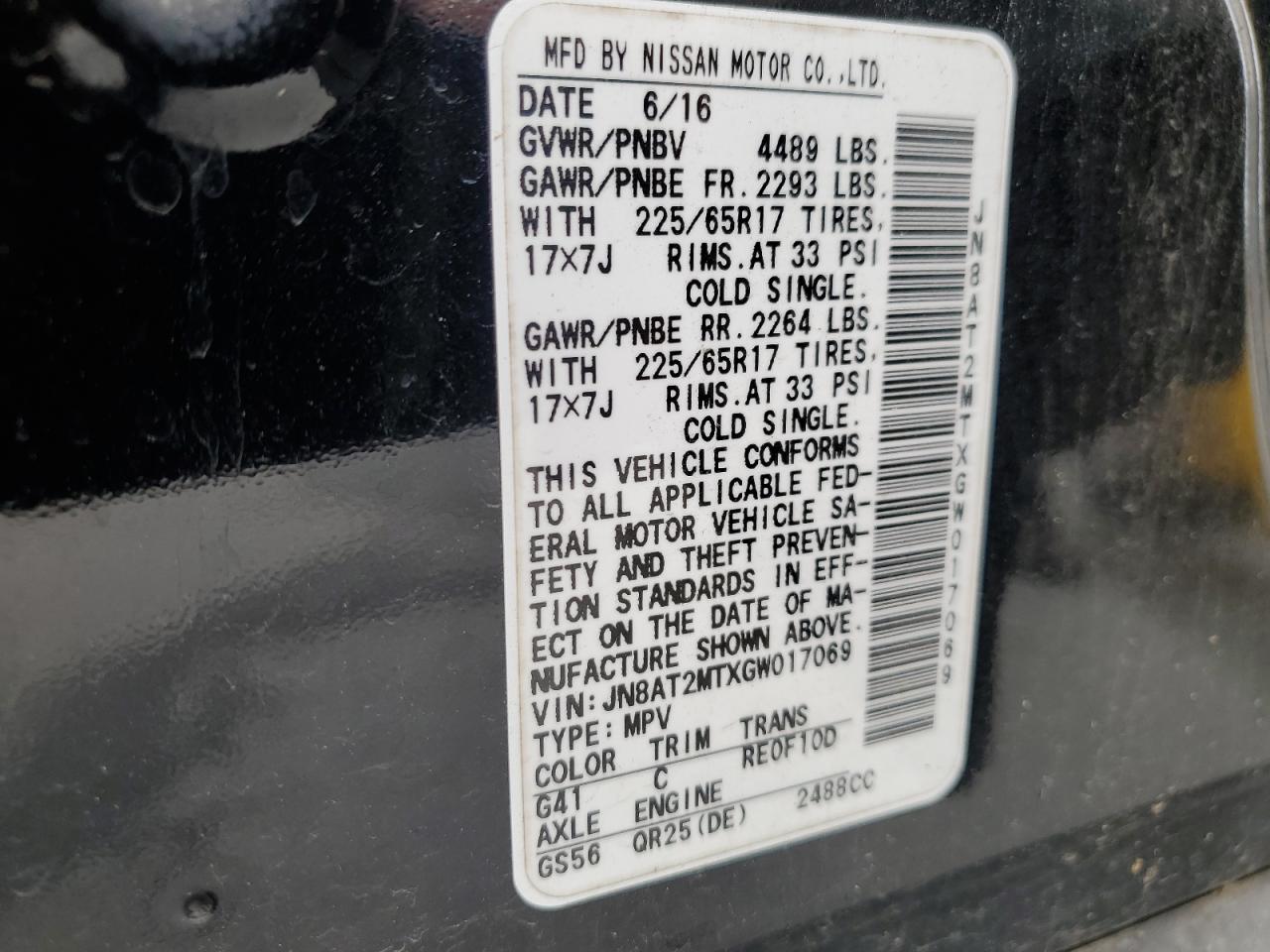 JN8AT2MTXGW017069 NISSAN ROGUE 2016