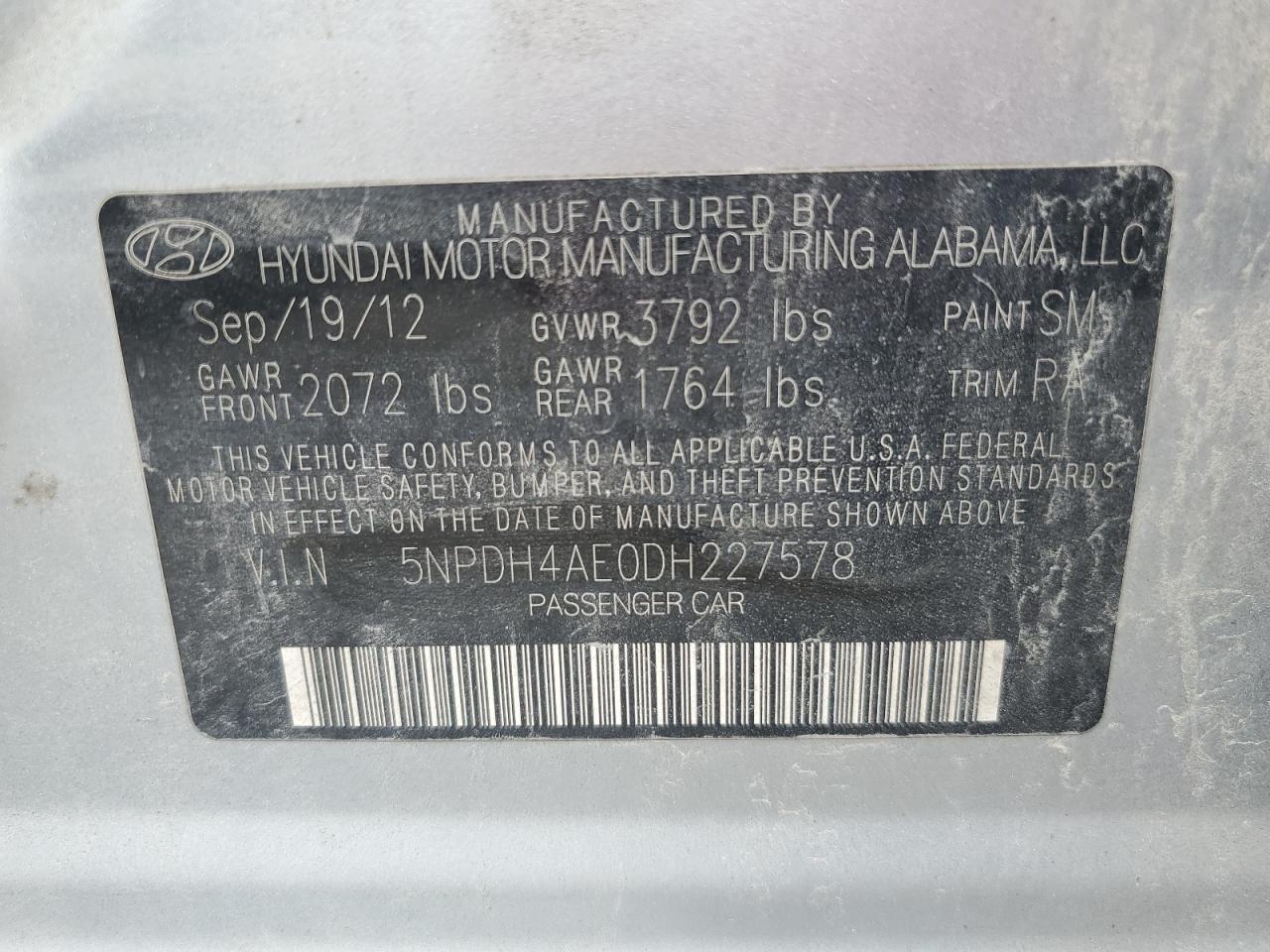 2013 Hyundai Elantra Gls VIN: 5NPDH4AE0DH227578 Lot: 57630985