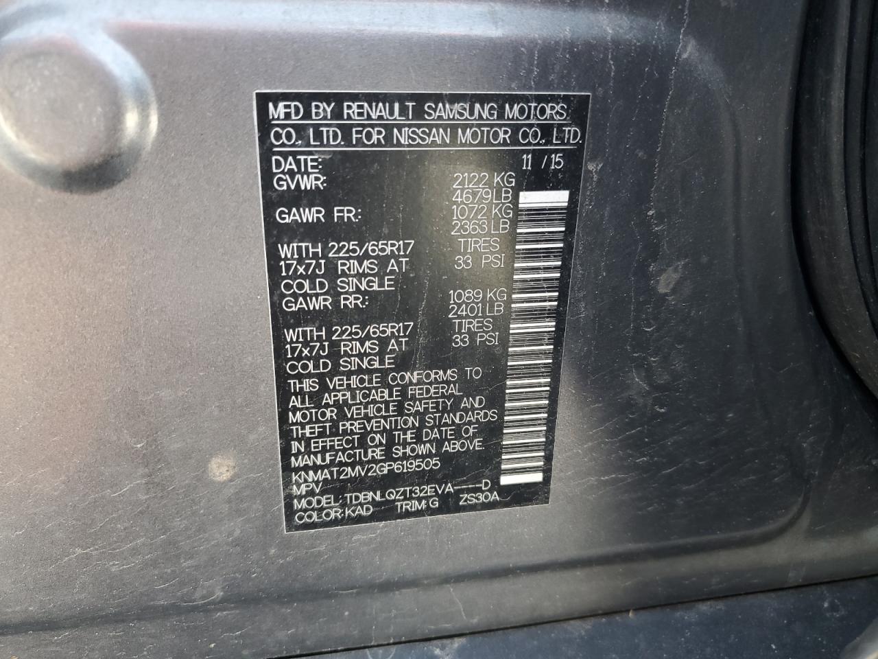 2016 Nissan Rogue S VIN: KNMAT2MV2GP619505 Lot: 56727715