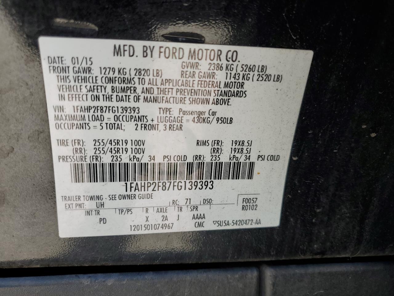 2015 Ford Taurus Limited VIN: 1FAHP2F87FG139393 Lot: 57421525
