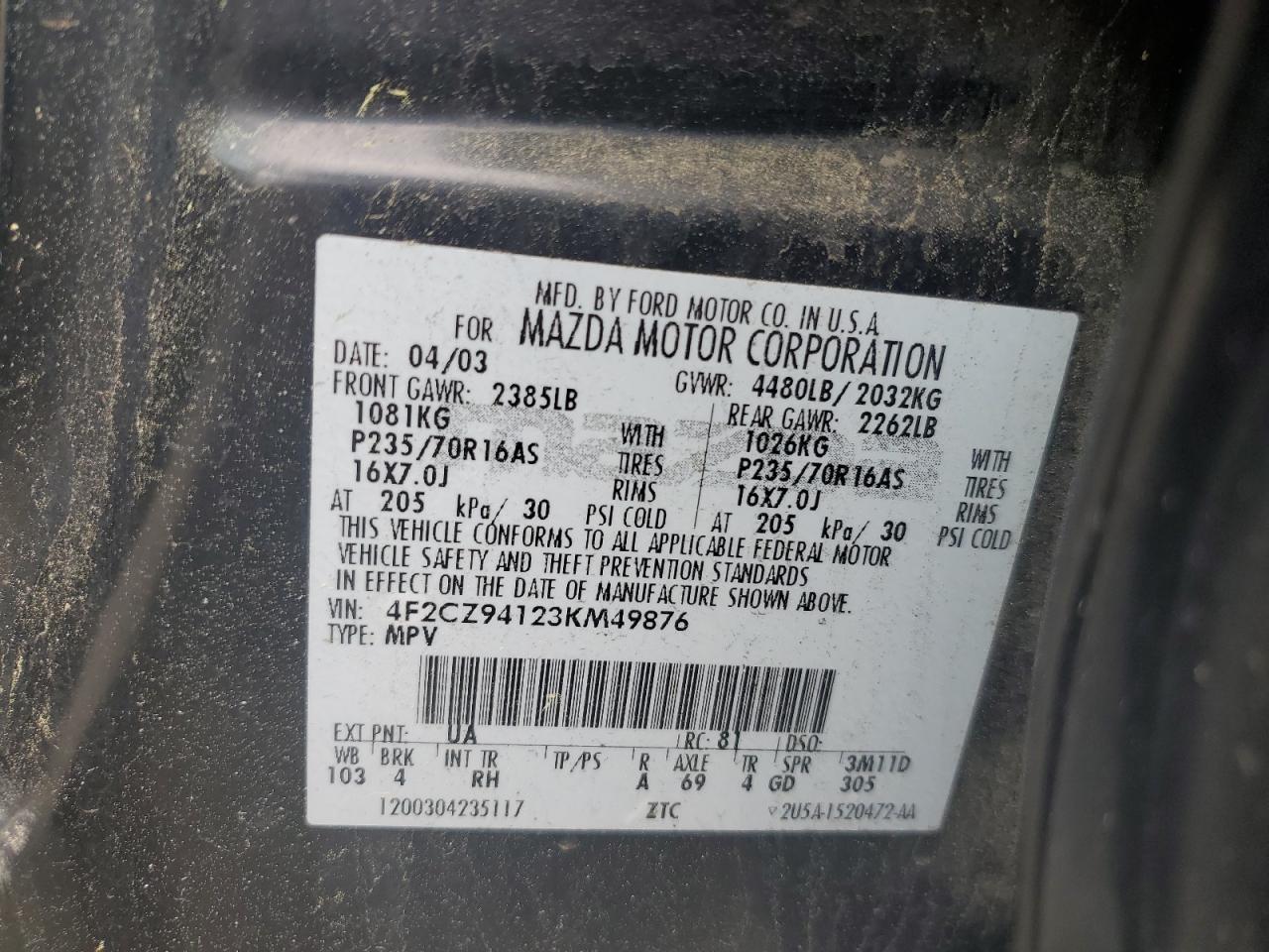 2003 Mazda Tribute Lx VIN: 4F2CZ94123KM49876 Lot: 58273045