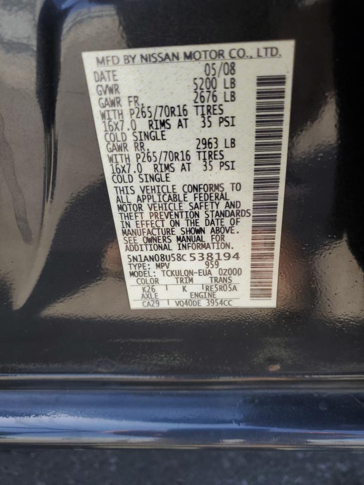 2008 Nissan Xterra Off Road VIN: 5N1AN08U58C538194 Lot: 57294985
