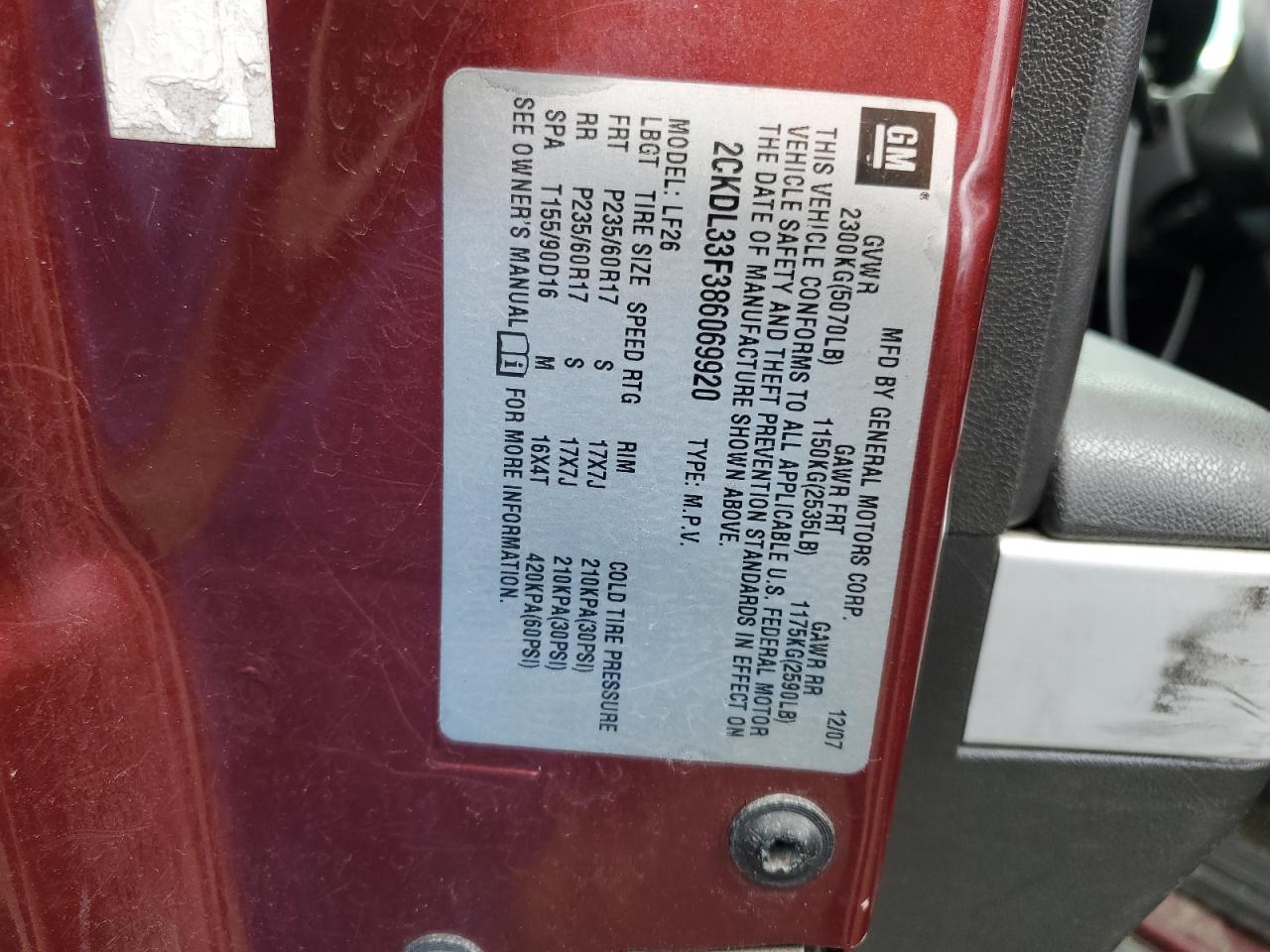 2008 Pontiac Torrent VIN: 2CKDL33F386069920 Lot: 54607855