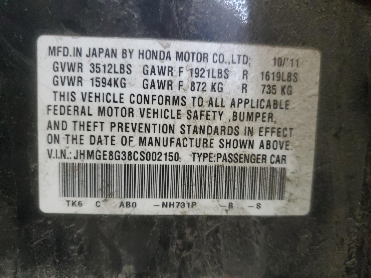 2012 Honda Fit VIN: JHMGE8G38CS002150 Lot: 56363735