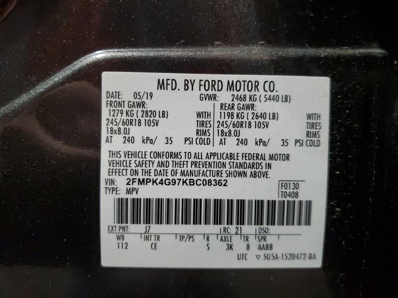 2019 Ford Edge Se VIN: 2FMPK4G97KBC08362 Lot: 53833875