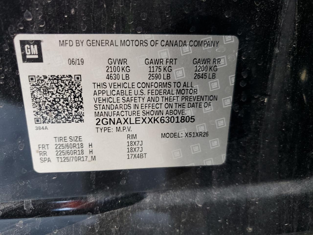 2GNAXLEXXK6301805 CHEVROLET EQUINOX 2019