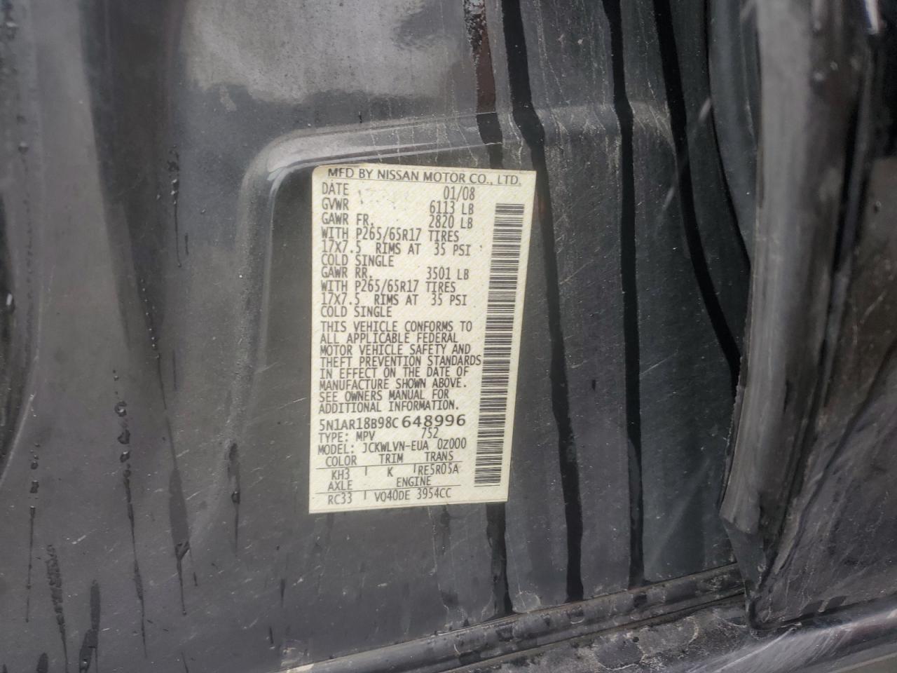 2008 Nissan Pathfinder S VIN: 5N1AR18B98C648996 Lot: 56830495
