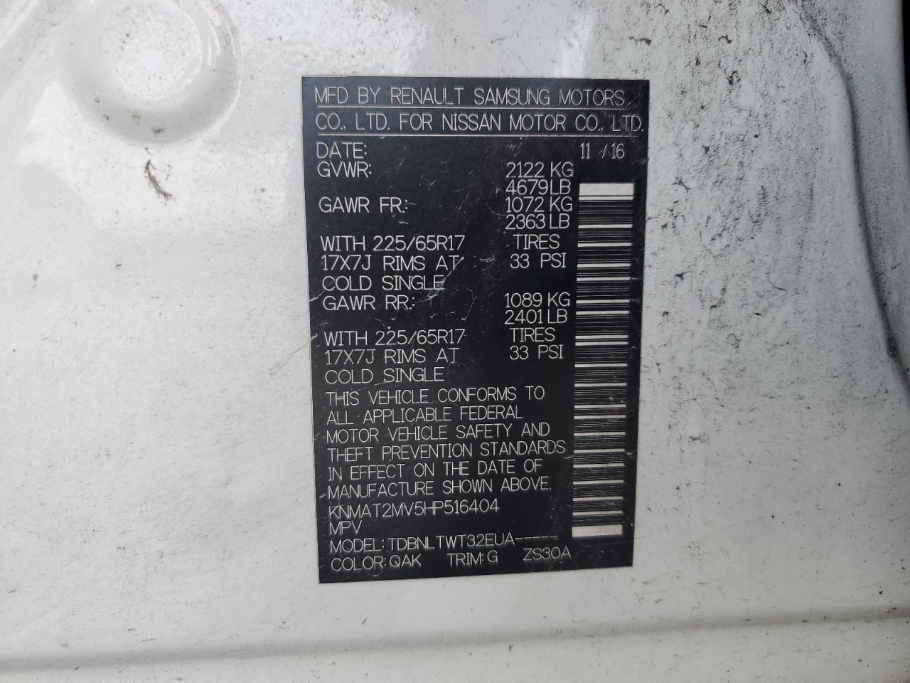 KNMAT2MV5HP516404 NISSAN ROGUE 2017