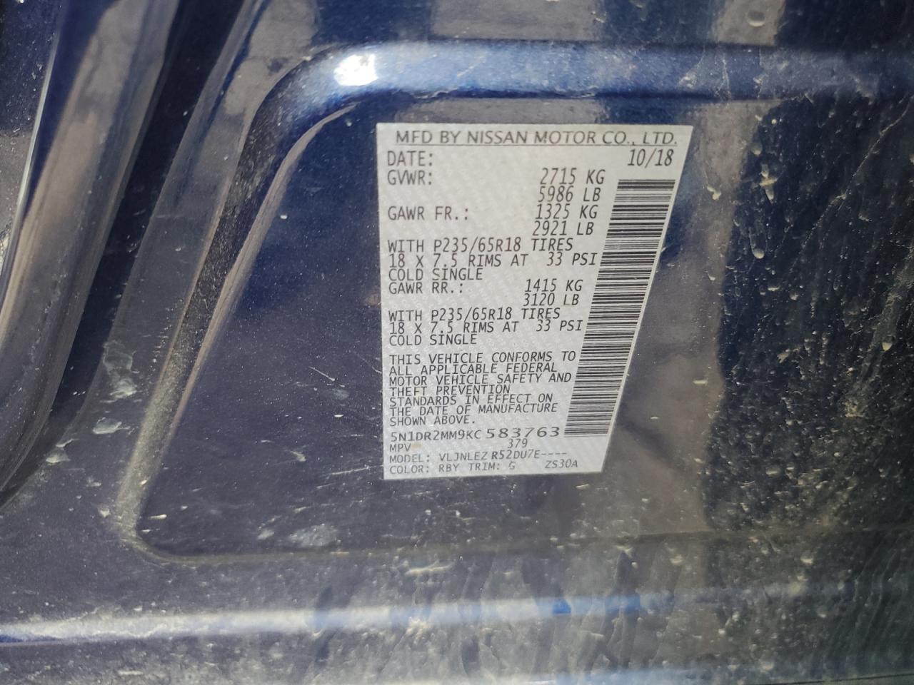 5N1DR2MM9KC583763 NISSAN PATHFINDER 2019