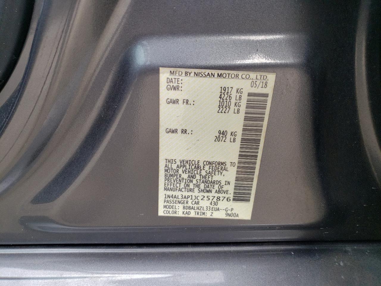 2018 Nissan Altima 2.5 VIN: 1N4AL3AP1JC257876 Lot: 56419355