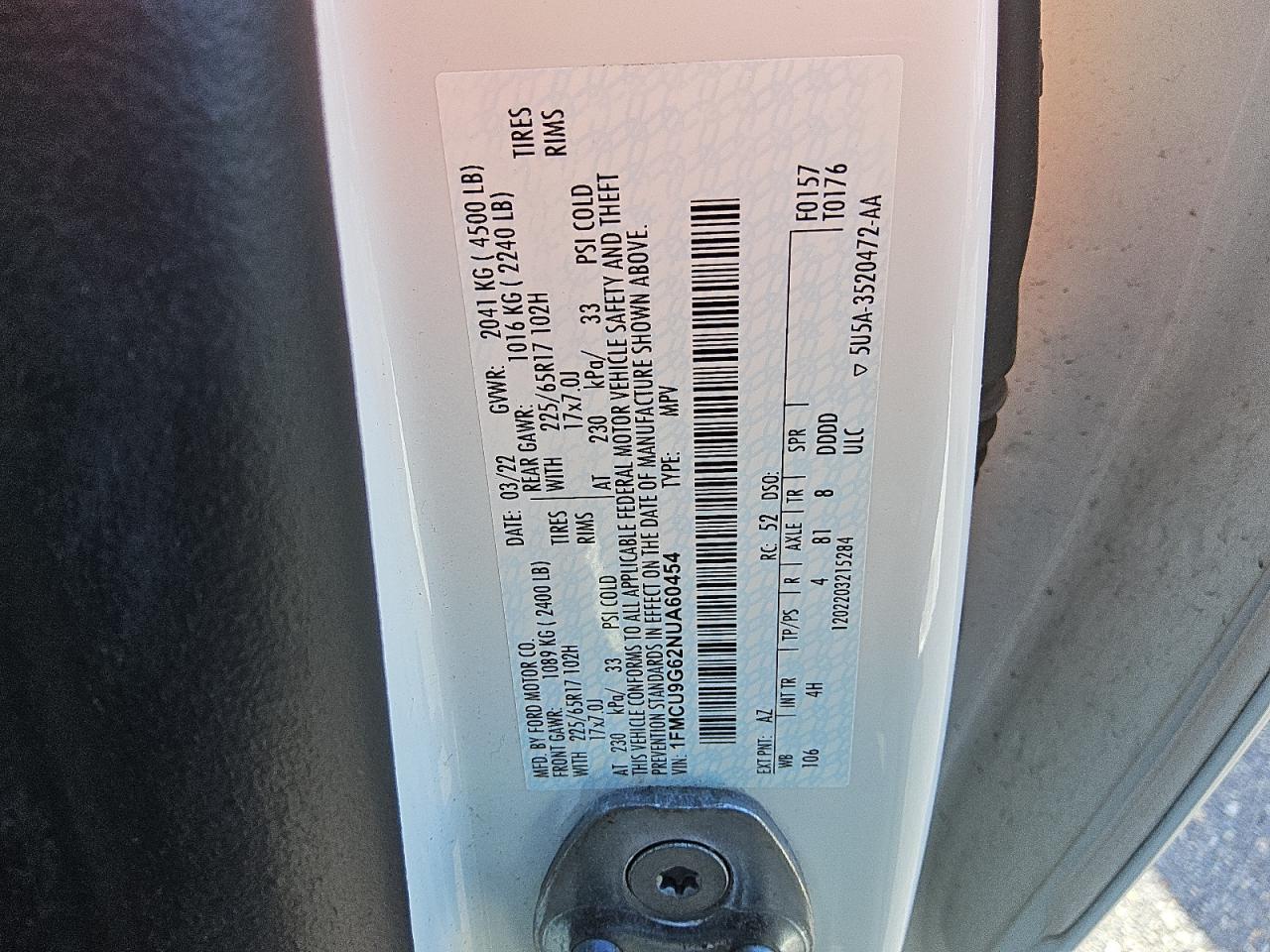 1FMCU9G62NUA60454 FORD ESCAPE 2022