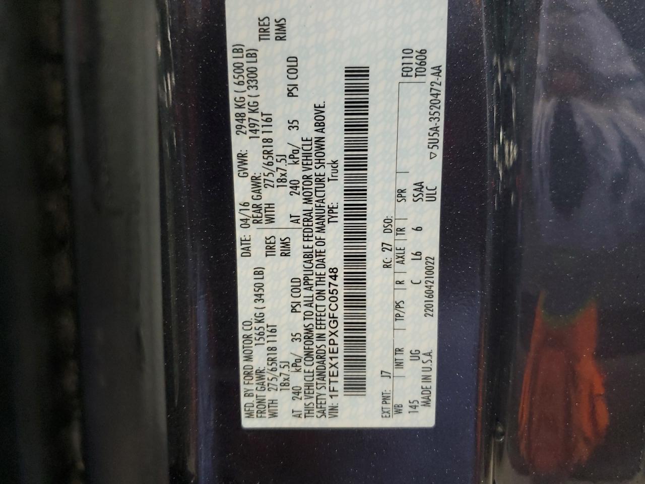 1FTEX1EPXGFC05748 FORD F-150 2016