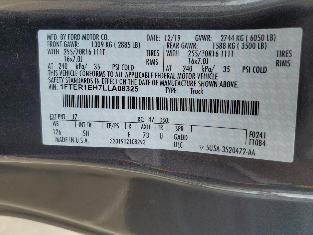 2020 Ford Ranger Xl VIN: 1FTER1EH7LLA08325 Lot: 56633315