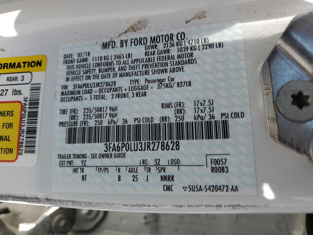 2018 Ford Fusion Se Hybrid VIN: 3FA6P0LU3JR278628 Lot: 54032665