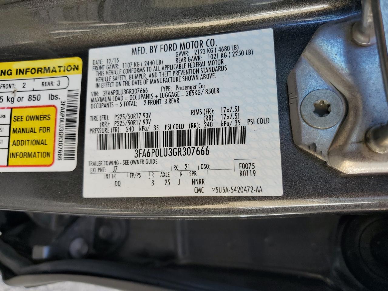 3FA6P0LU3GR307666 FORD FUSION 2016