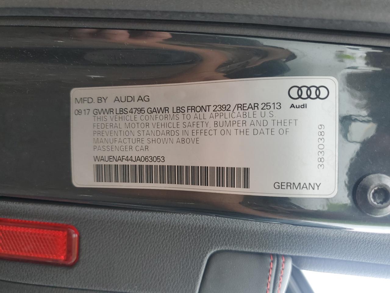 2018 Audi A4 Premium Plus VIN: WAUENAF44JA063053 Lot: 57150525