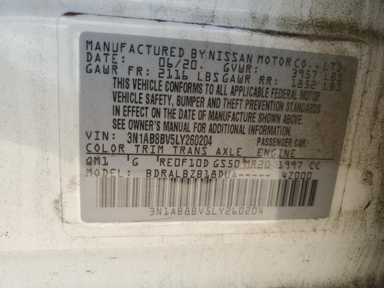3N1AB8BV5LY260204 NISSAN SENTRA 2020